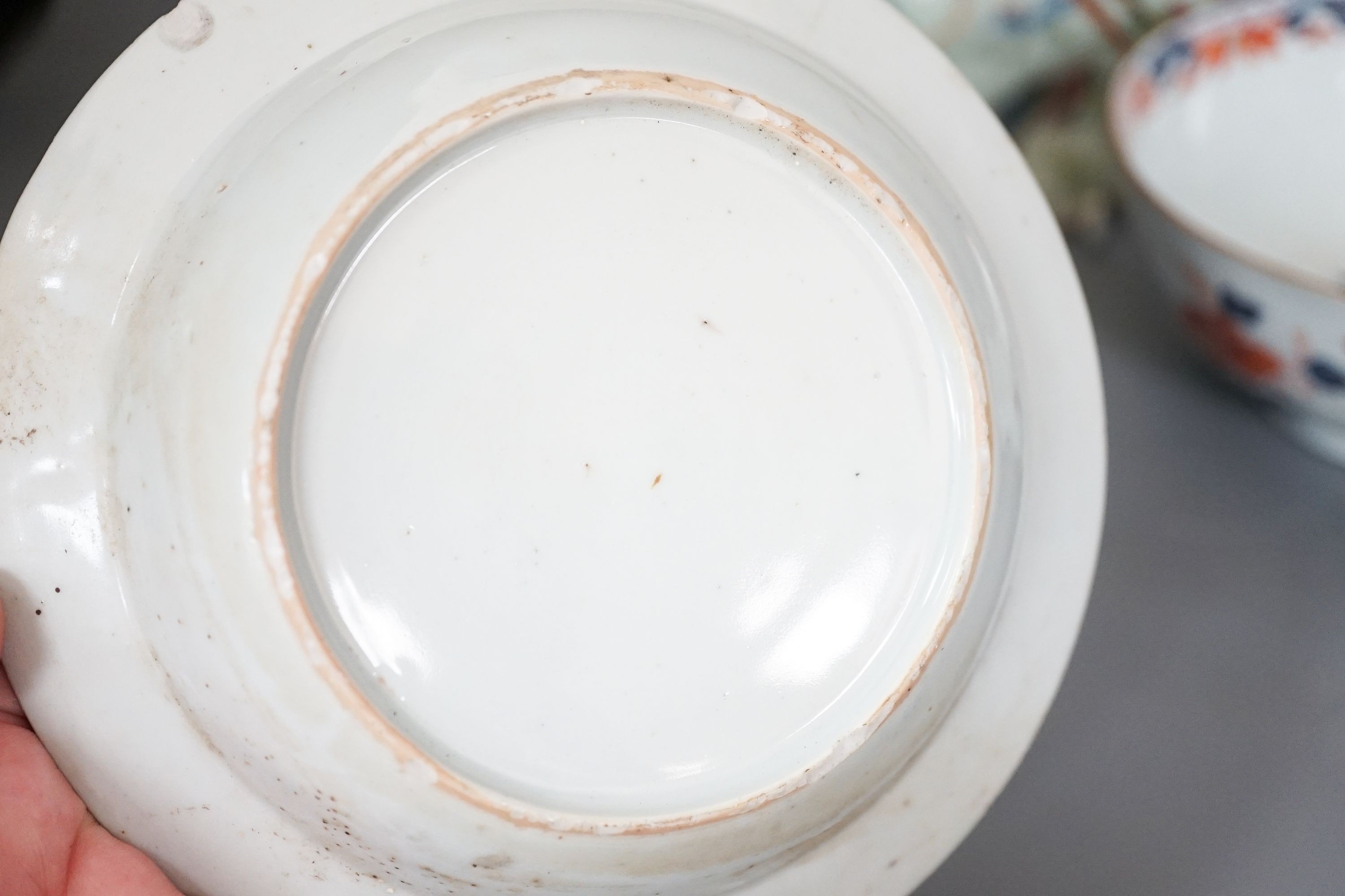 Two 18th century Chinese export porcelain bowls, a 19th century canton decorated dish, 19.5cm and a later ewer (4)